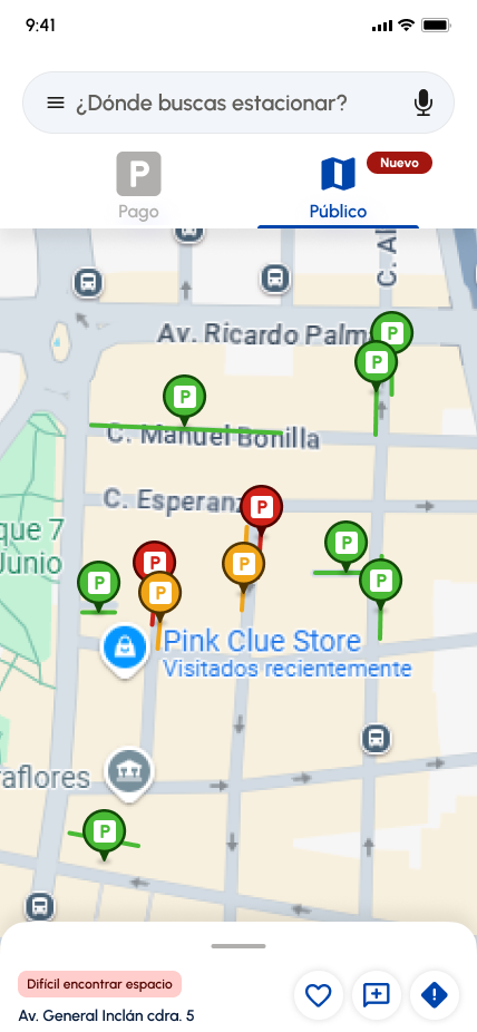 Mapa de Quadra mostrando espacios públicos disponibles en Miraflores