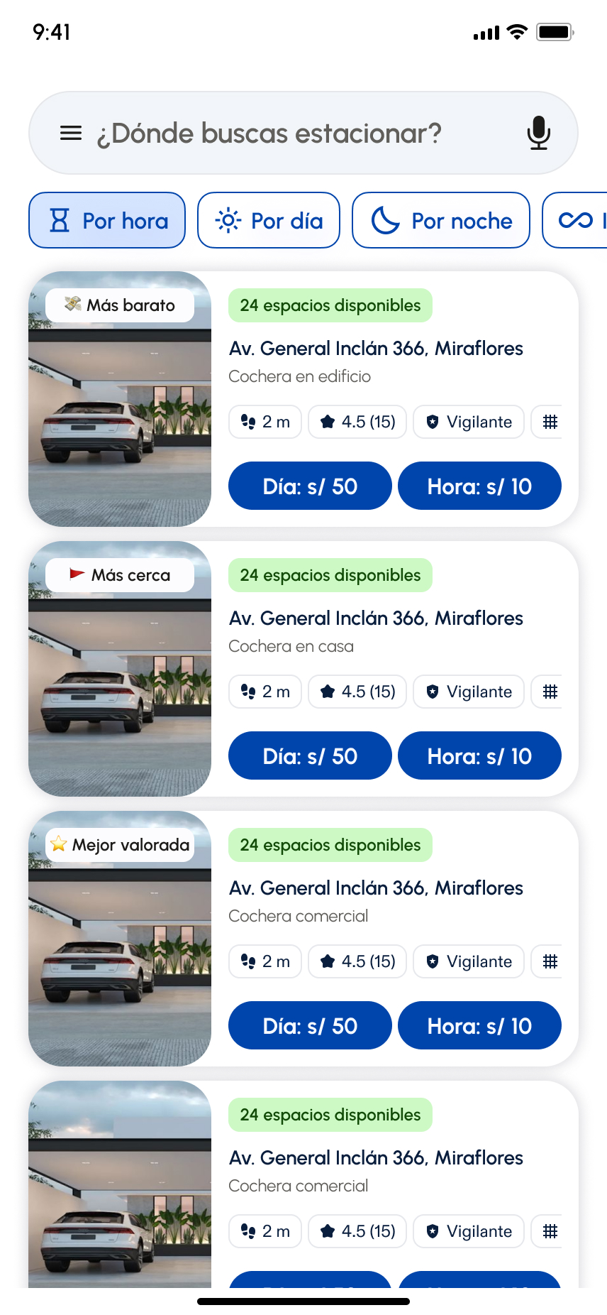 Pantalla de Quadra con el listado de cocheras privadas cerca del destino